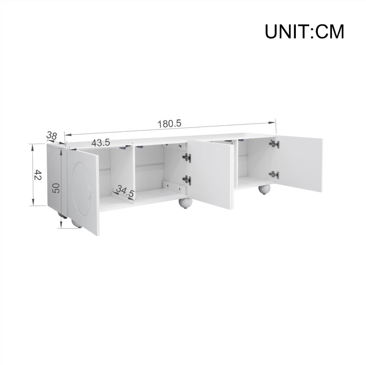 TV stolek 180,5/38/50 cm s úložným prostorem a 3D reliéfními dvířky, Matná bílá - bílá, kompozitní dřevo (180.5/50/38cm) - Redom