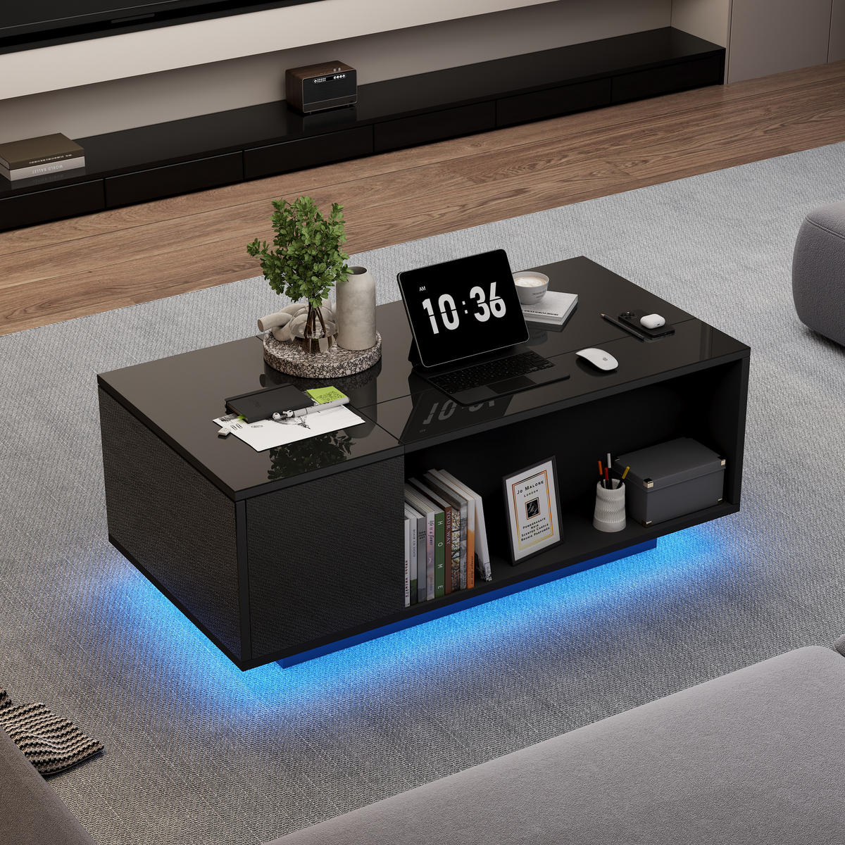 COUCHTISCH Schwarz, 100/50/40 cm mit Hubfunktion, LED und Schublade - Schwarz, Holzwerkstoff (50/100/40cm) - PANGIVO