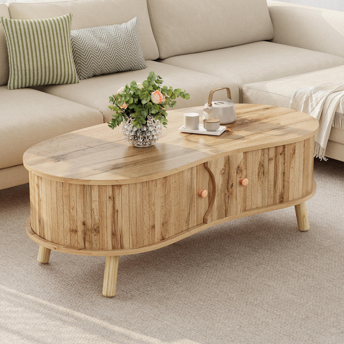 COUCHTISCH organisch Rillenoptik 2 Schiebetüren - Naturfarben, Holz (50/108/37cm) - LEBENLANG