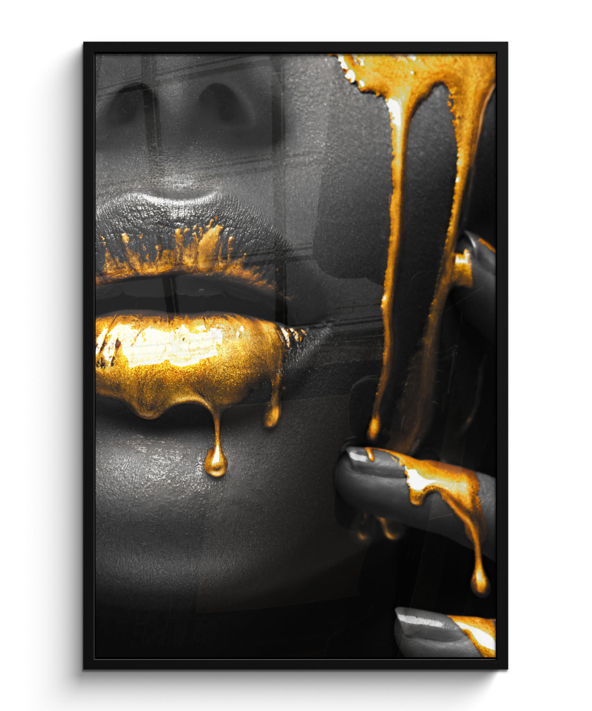 GERAHMTES BILD Frau - Schwarz - Gold - Gesicht - Lippen 80x120 cm - Goldfarben, Papier (80/120cm) - MuchoWow