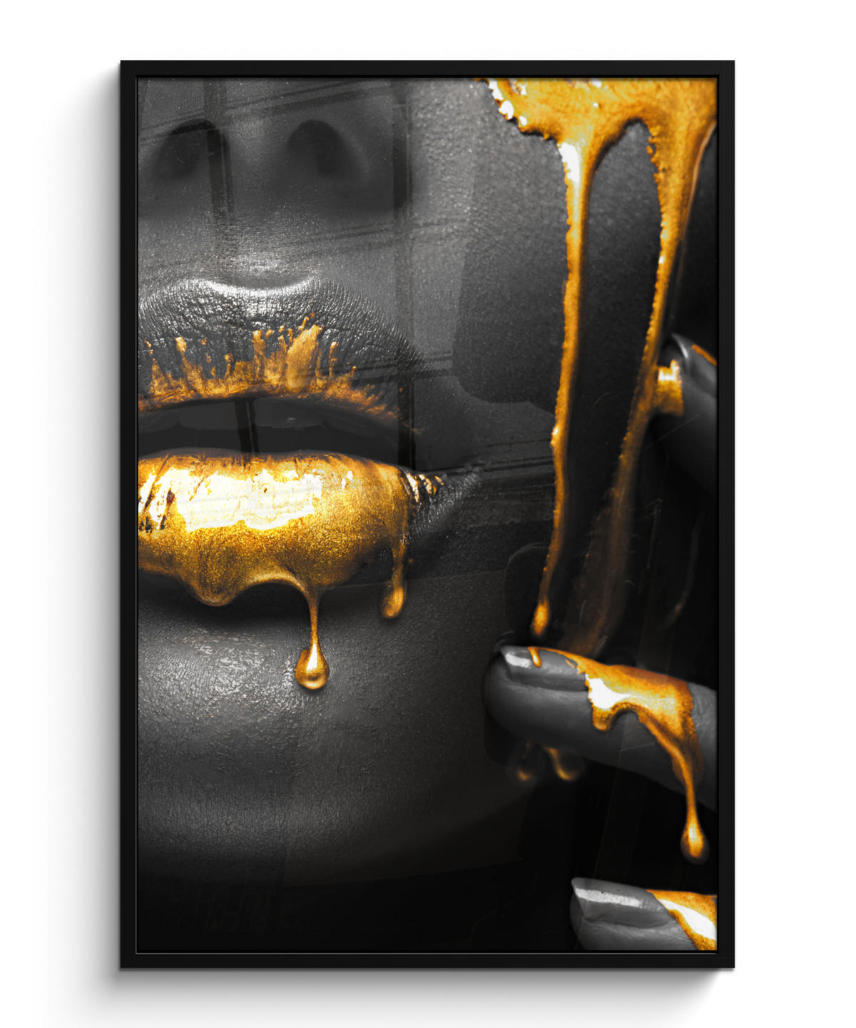 GERAHMTES BILD Frau - Schwarz - Gold - Gesicht - Lippen 80x120 cm - Goldfarben, Papier (80/120cm) - MuchoWow