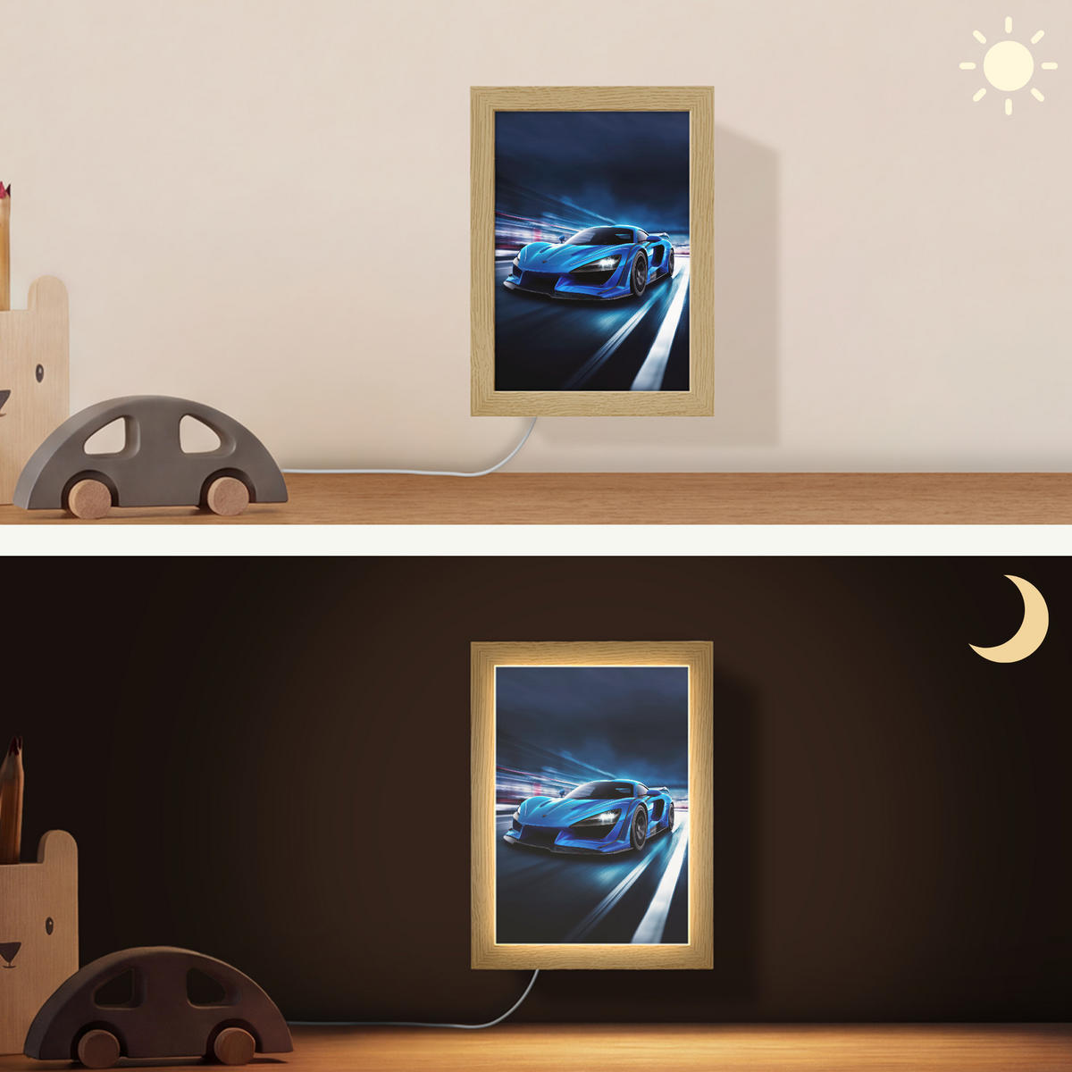 NÁSTĚNNÁ LAMPA Auto - Modrá - Chlapci - Dítě 15x20 cm - modrá, kompozitní dřevo (15/20/8cm) - OnlyWow