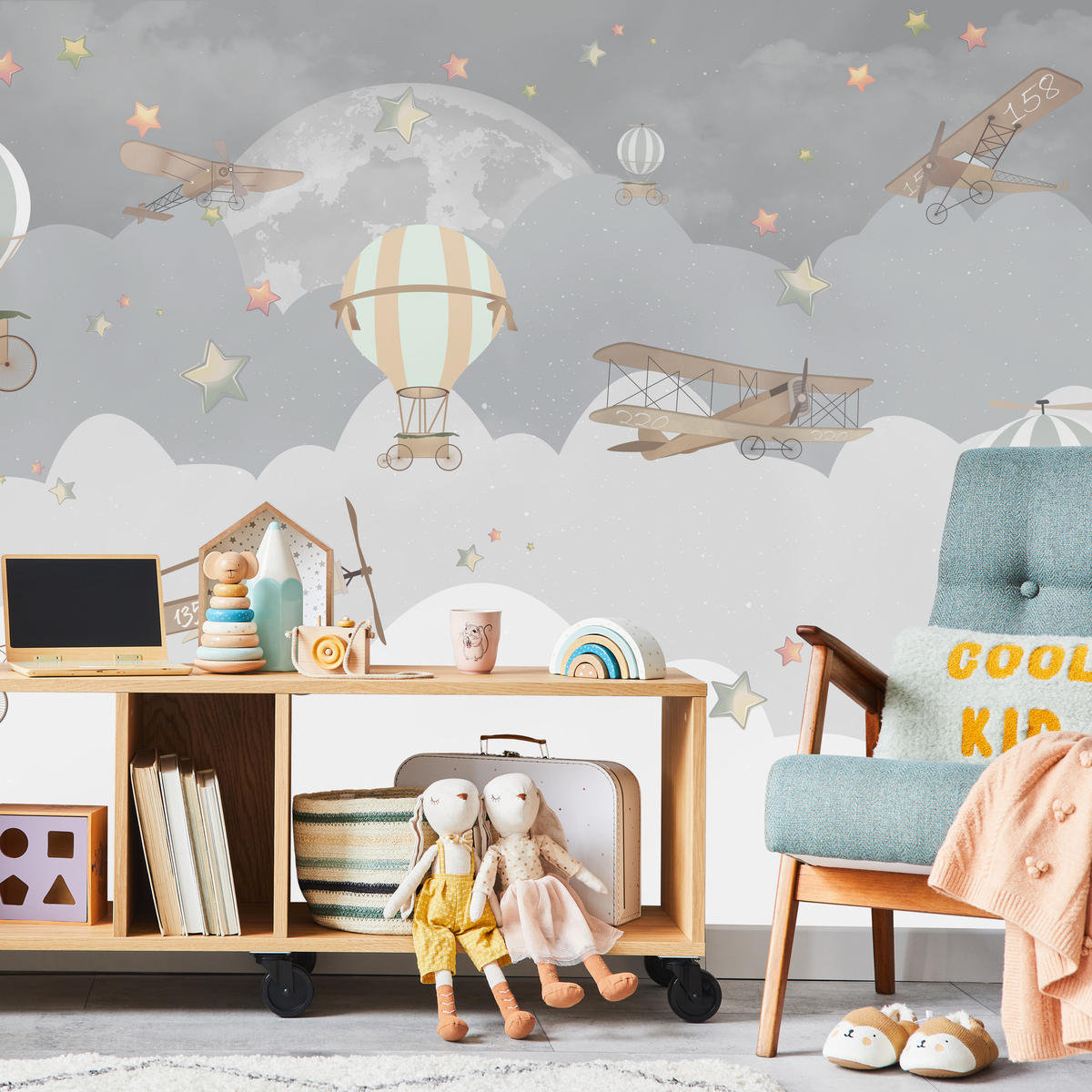 FOTOTAPETE für Kinderzimmer Ballons Wolken Flugzeug Himmel Sterne 250x175 - Multicolor, Papier (250/175cm) - Muralo