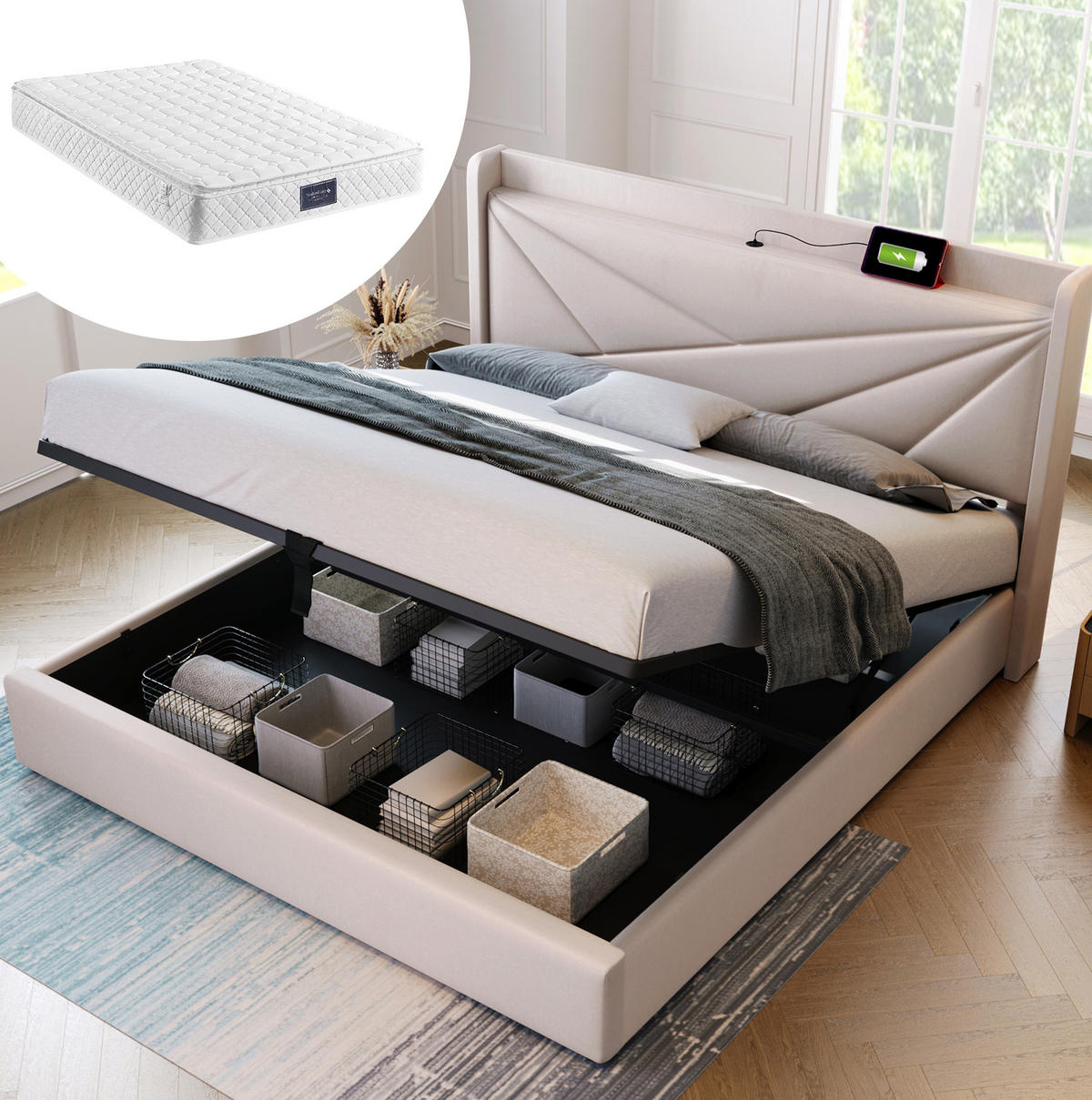 POLSTERBETT 140/200 cm Beige mit Stauraum und USB- und Type-C-Anschlüssen mit Matratze aus Leinen - Beige, Textil (140/200cm) - OKWISH