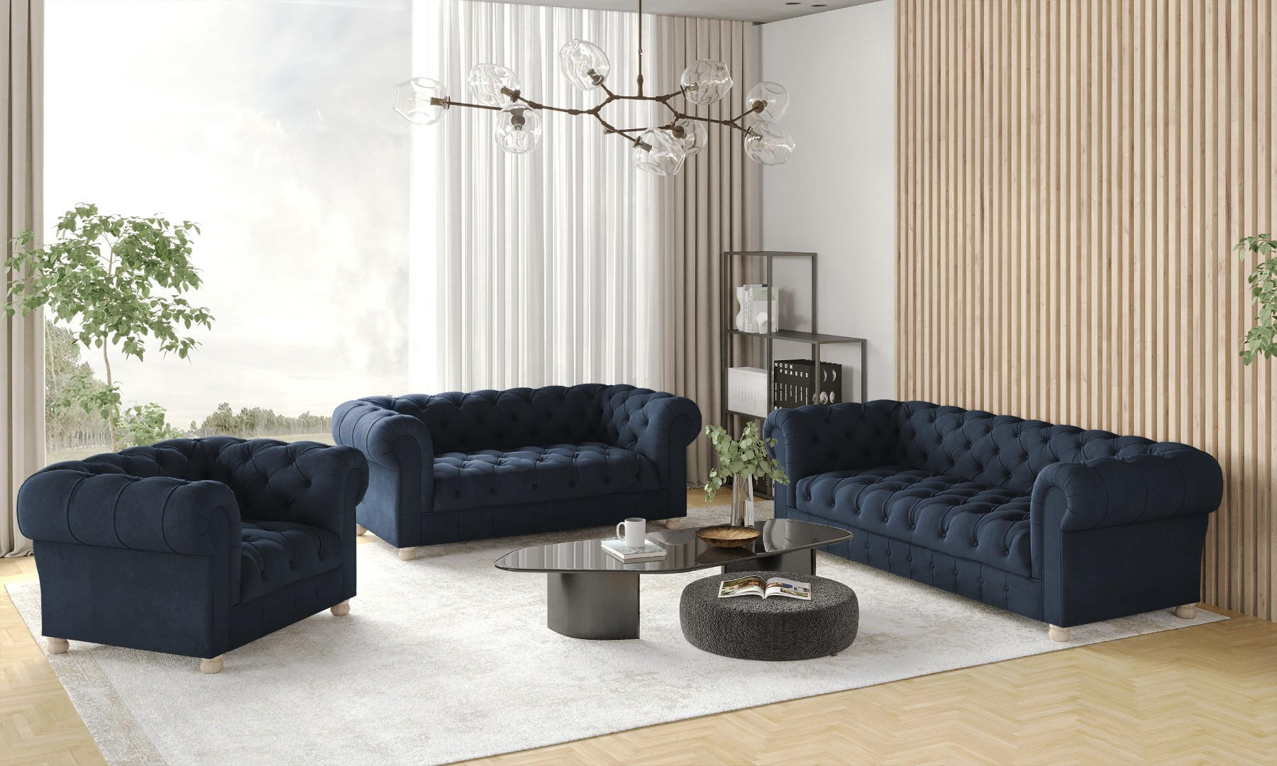 SITZGARNITUR 3+2+1 CHESTERFIELD Elegant Klassisch Schick Stoff Whisper Velours Blau - Blau, Holz/Textil (202/77/90cm) - Kaiser Möbel