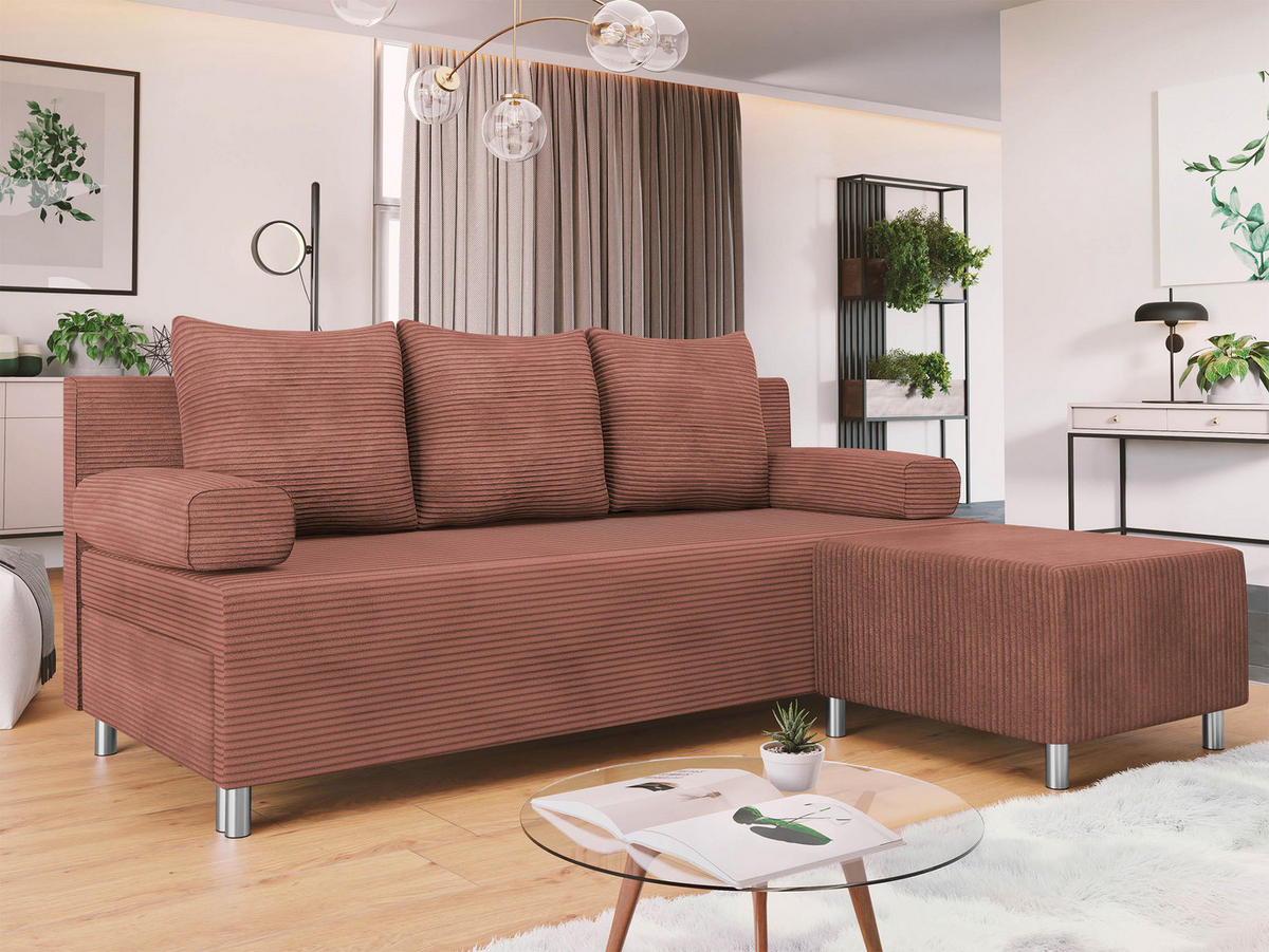 SCHLAFSOFA Dover Cord mit Polsterhocker - Chromfarben/Rosa, Holz/Kunststoff (192/80cm) - MIRJAN24