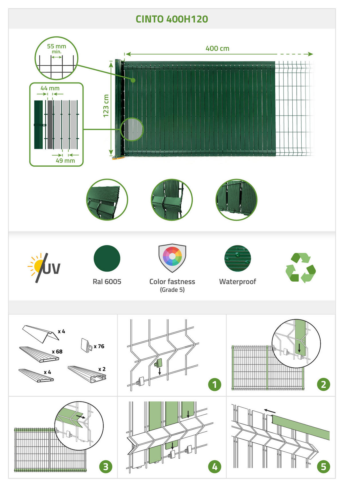 PVC-SICHTSCHUTZLAMELLEN-STEIF-SET Cinto grün 4m H.120cm - Mit clips und Endprofil - Grün, Kunststoff (400/123cm) - Casanoov