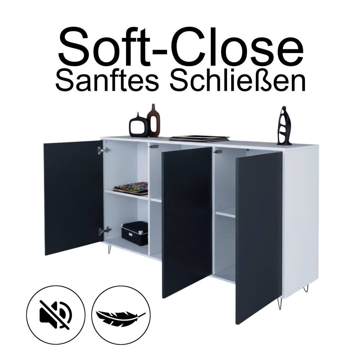 SIDEBOARD Elena, Kommode mit Push-to-Open, Made in Germany, Moderner Schrank, Weiß matt (152,5 x 83 x 37 cm) - Weiß, Holzwerkstoff (152.5/83/37cm) - InnoFurn