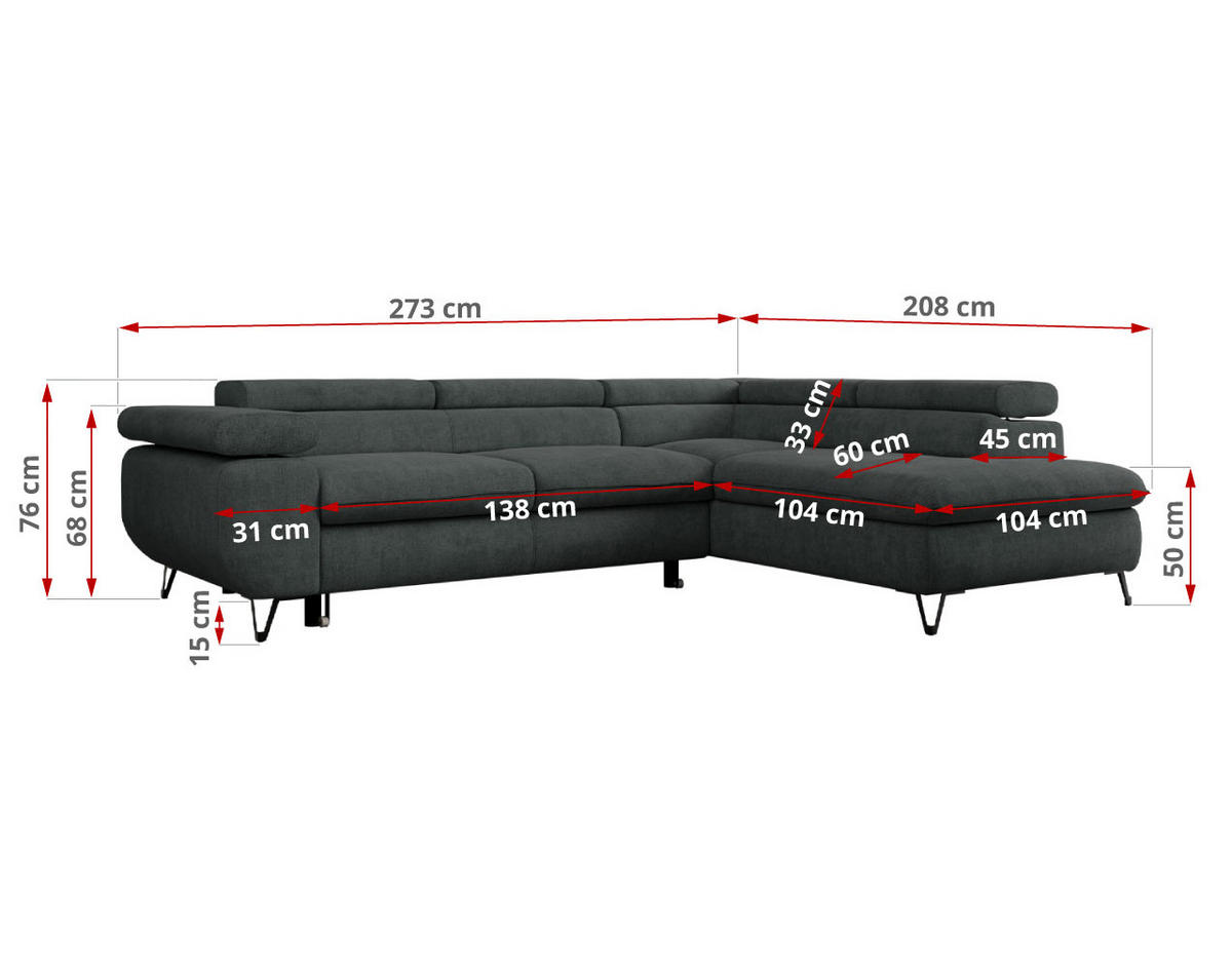 ECKSOFA PEDRO L Dunkelgrau Struktur - Rechts Seite - Dunkelgrau/Schwarz, Textil/Metall (273/208cm) - MKS