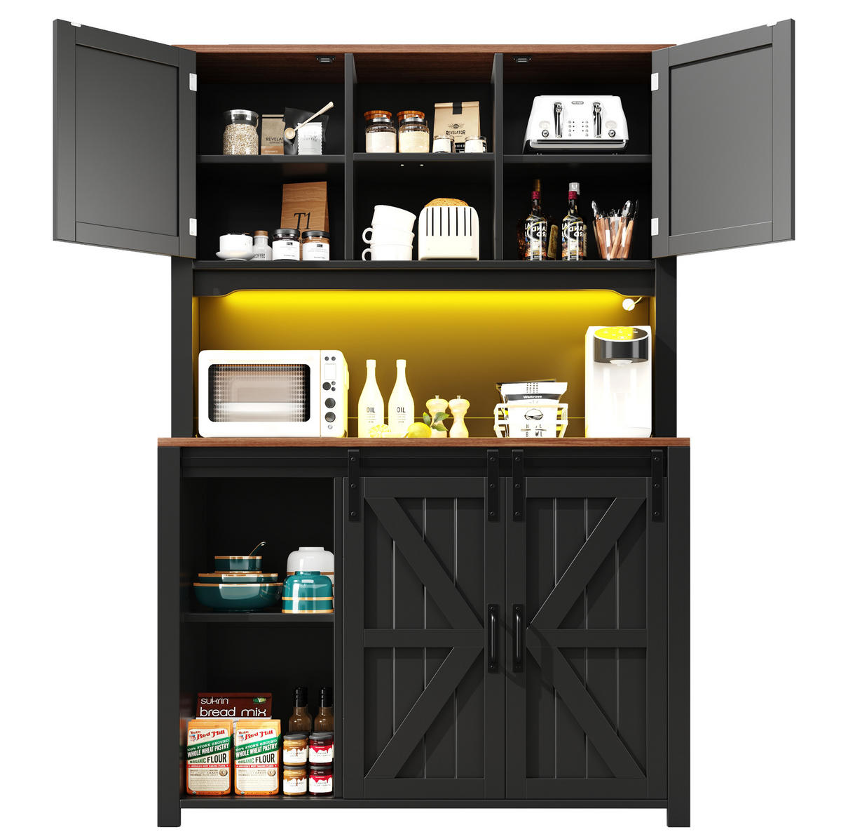 KUCHYŇSKÁ skříňka z MDF a kovu 115x40x174,7 cm černá s posuvnými dvířky, zásuvkami a LED osvětlením - černá, kompozitní dřevo (115/174.7/40cm) - Modfu