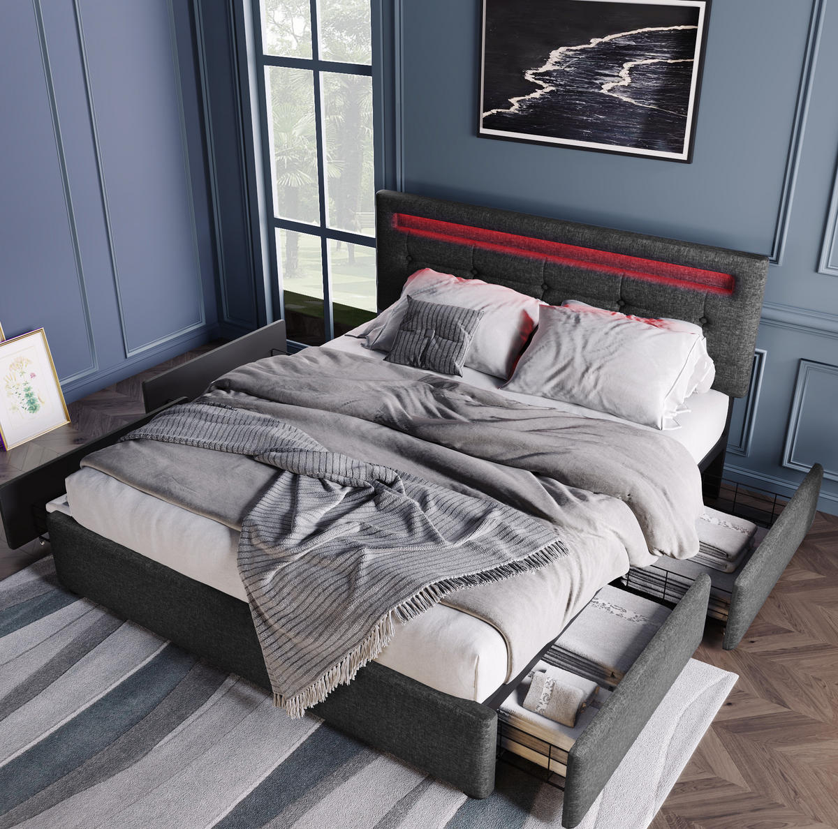BETT mit LED und 4 Schubladen 140x200 cm Leinen Grau - Grau, Metall (140/200cm) - Meubliv