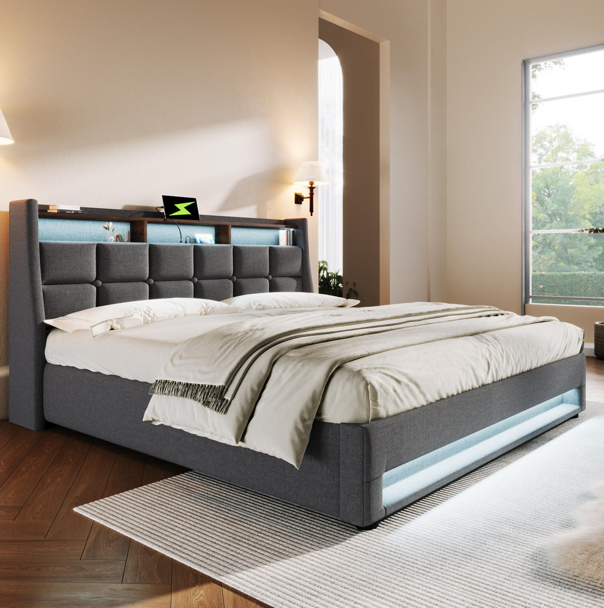 POLSTERBETT 180/200 cm grau mit USB-Anschluss und LED-Beleuchtung - Grau, Textil (180/200cm) - OKWISH