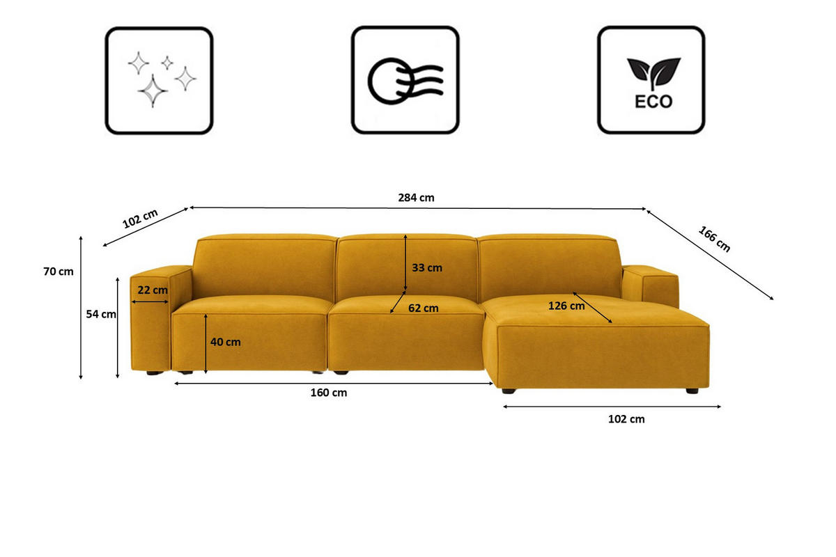 ECKSOFA Cursal L-Form, Stoff Salvador, Gelb, Rechts - Gelb, Holz (284/166cm) - Kaiser Möbel
