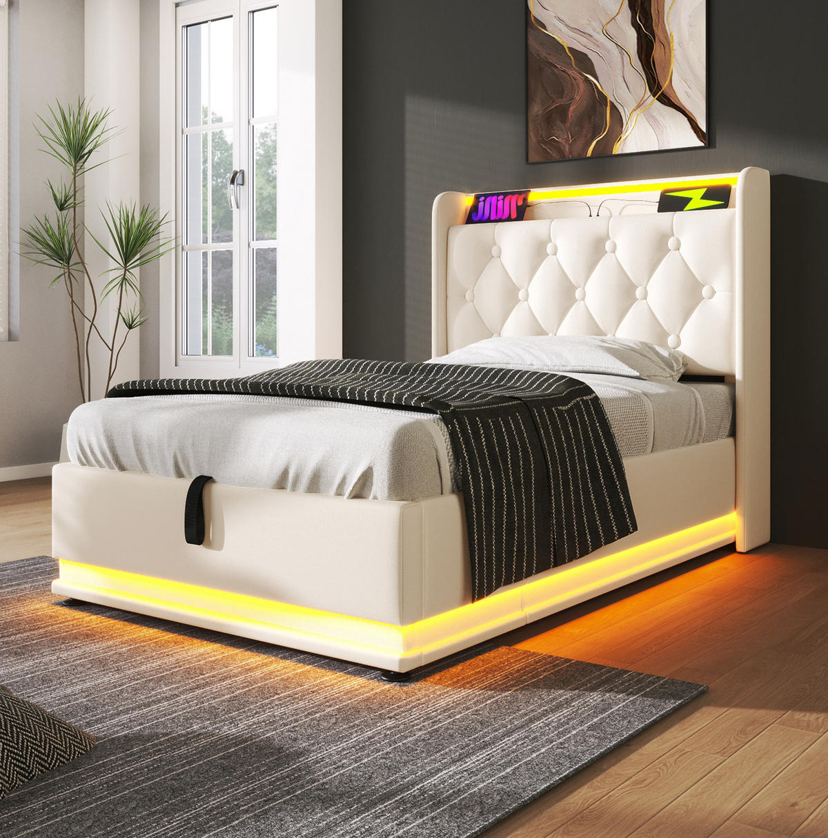 POLSTERBETT aus Kunstleder 90x200 cm in Weiß mit LED-Beleuchtung & USB-C - Weiß, Leder (90/200cm) - Modfu