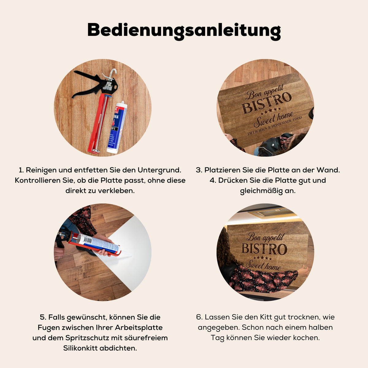 SPRITZSCHUTZ KÜCHE Zitat - Bistro - Guten Appetit - Süßes Zuhause - Holzmaserung 60x40 cm - Braun, Metall (60/0.3/40cm) - MuchoWow