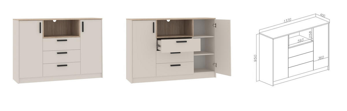 KOMMODE KOMBIKOMMODE GRANT 17/C GRAUBEIGE CASHMERE 137X95X40 - Kaschmir/Schwarz, Holzwerkstoff (137/95/40cm) - Marmex Möbel