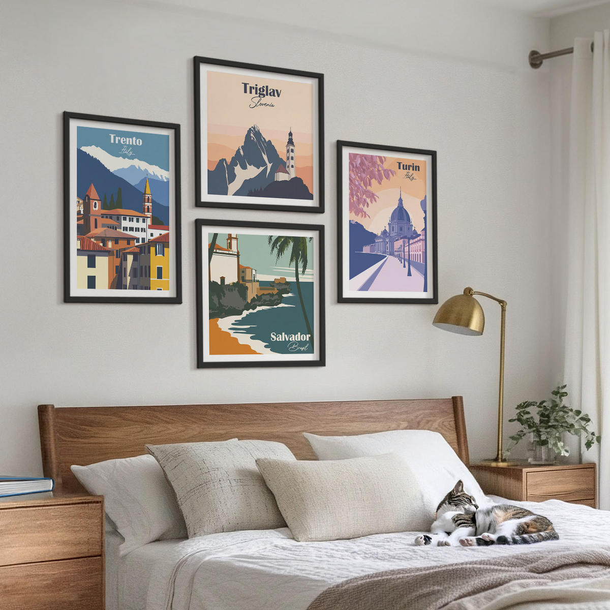BILDER SET 4er Set - 50x50 cm & 40x60 cm Schwarzer Rahmen - Illustrationen zur Retro-Architektur der Berge - Schwarz, Kunststoff (50/50cm) - TULUP