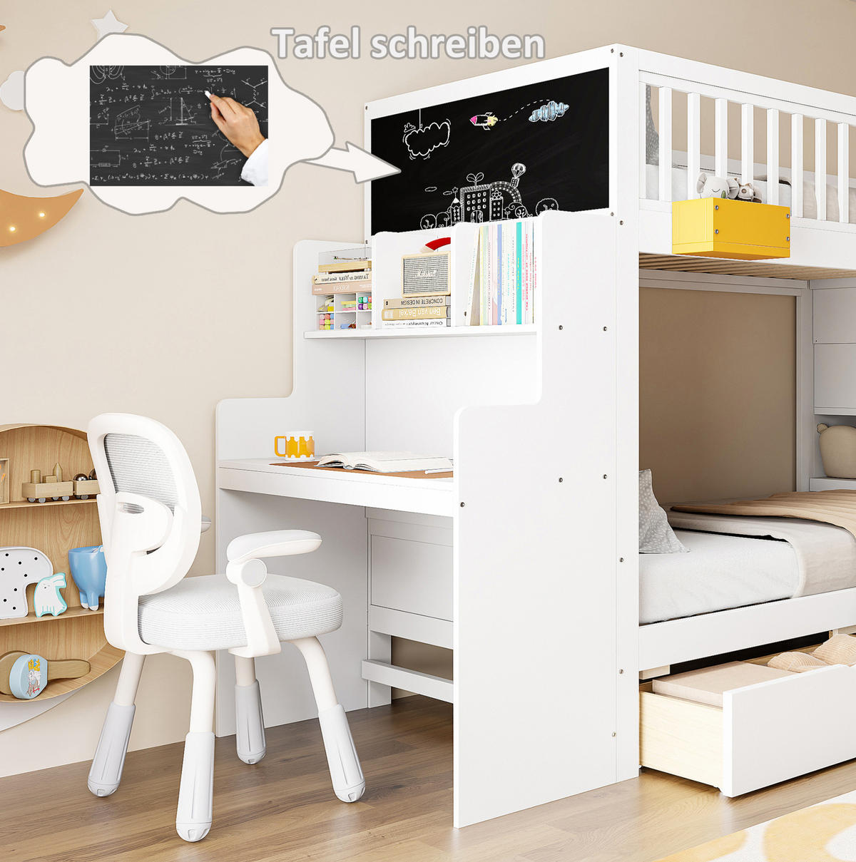 ETAGENBETT 90/200 cm mit Schreibtisch, Stauraumtreppe und 2 Schubladen, Weiß - Weiß, Holzwerkstoff (90/200cm) - Redom