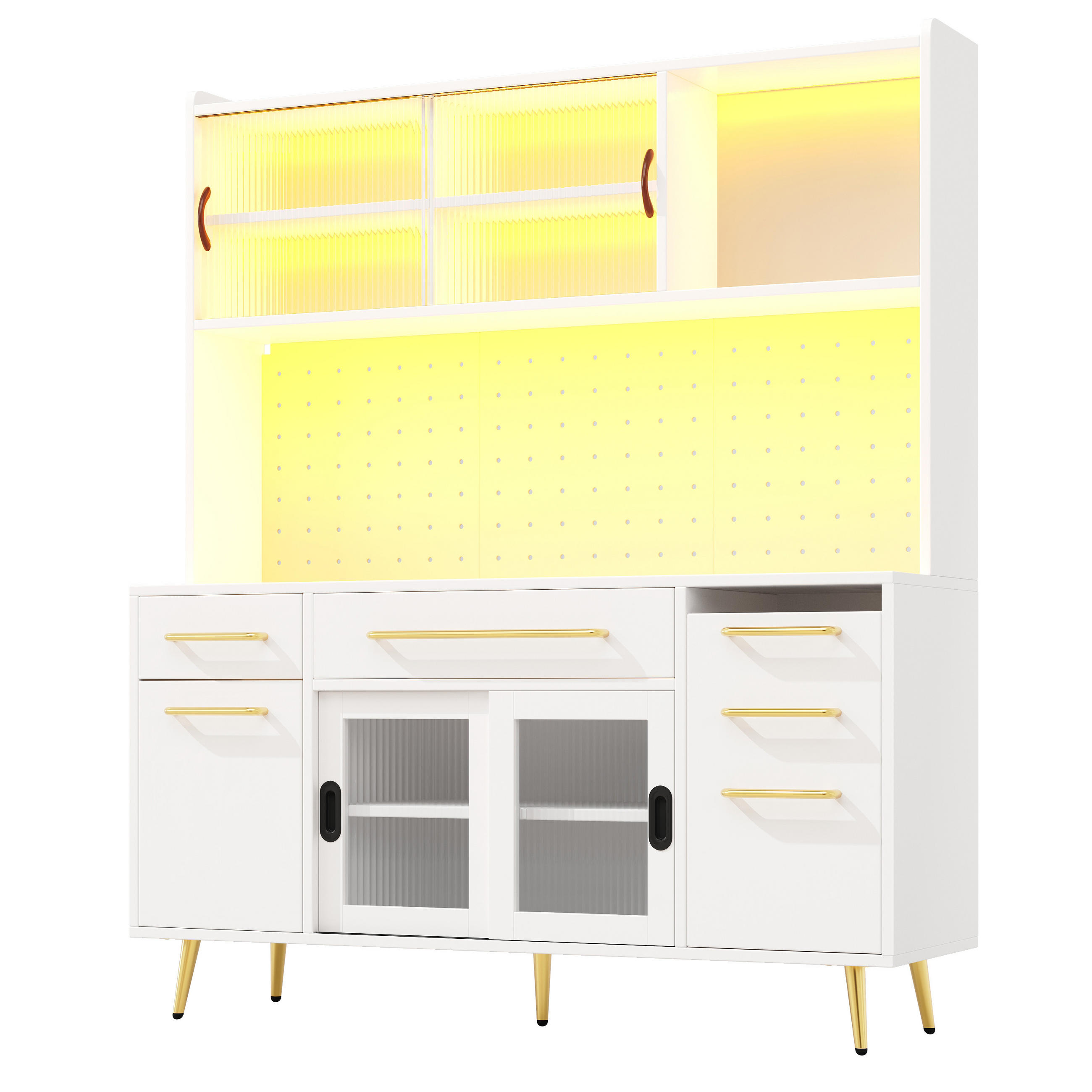 BUFFET DE-38428 145/39/171 cm mit LED-Beleuchtung und Lochwand Weiß - Weiß, Holzwerkstoff (145/171/39cm) - ComfortXL