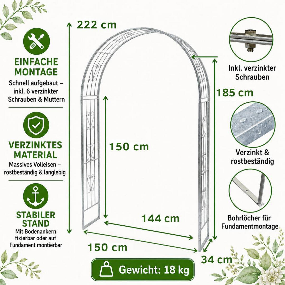 DANDIBO Rosenbogen Verzinkt Massiv 150 cm Torbogen 96520 Wetterfest Rundbogen Volleisen Rankhilfe Gartenbogen Feuerverzinkt - Grau, Metall (150/222/34cm) - DanDiBo