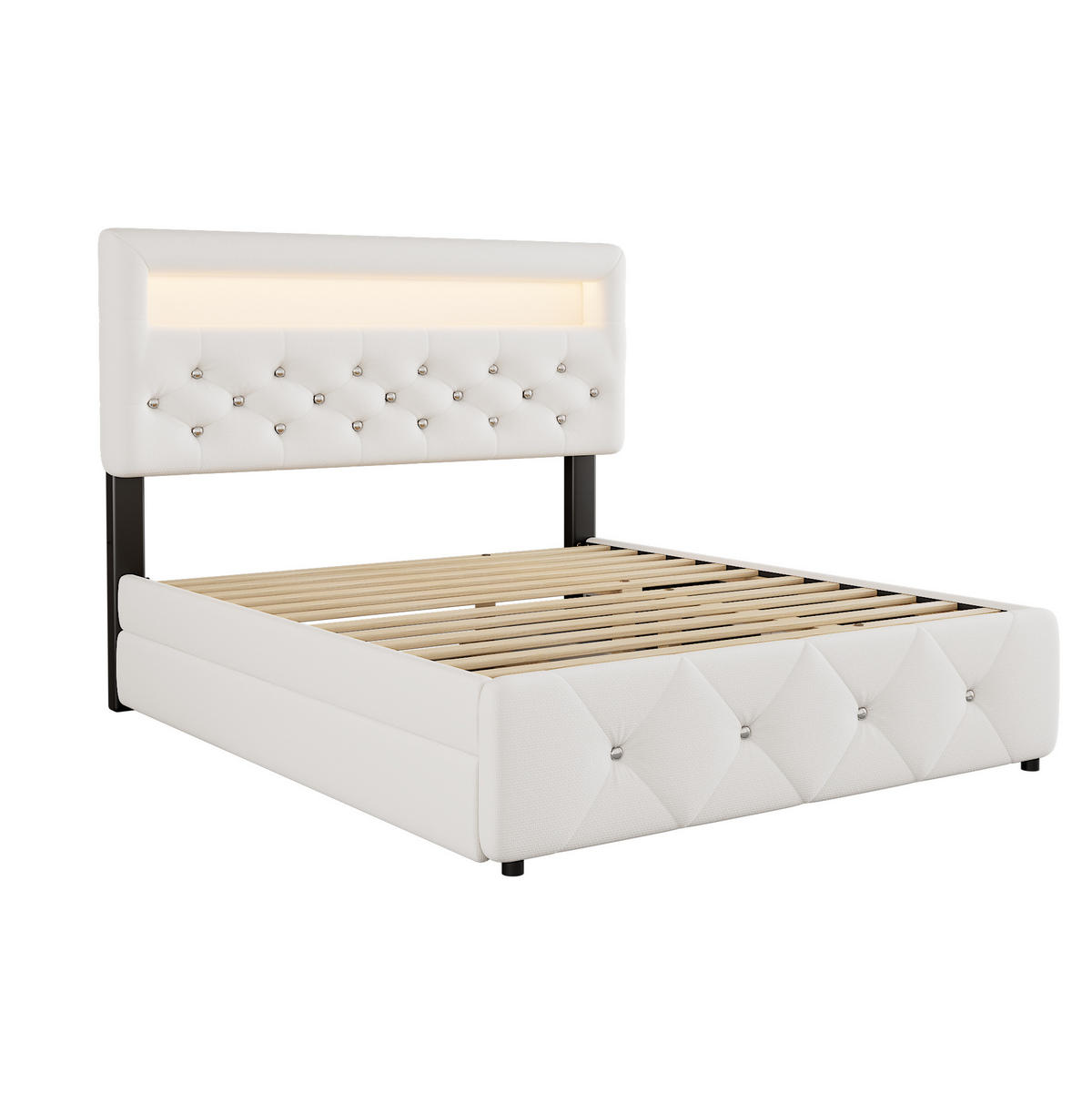 POLSTERBETT aus Leinen und MDF 140x200 cm Weiß mit Ausziehbett, 2 Schubladen und Lichtleiste - Weiß, Textil (140/200cm) - Modfu