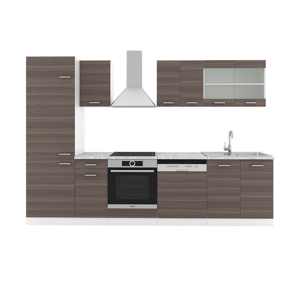 KÜCHE R-Line Edelgrau/Weiß 300 cm, AP Marmor - Braun/Weiß, Holzwerkstoff (300/81.6/60cm) - Vicco