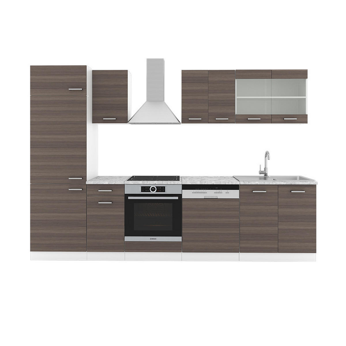 KÜCHE R-Line Edelgrau/Weiß 300 cm, AP Marmor - Braun/Weiß, Holzwerkstoff (300/81.6/60cm) - Vicco