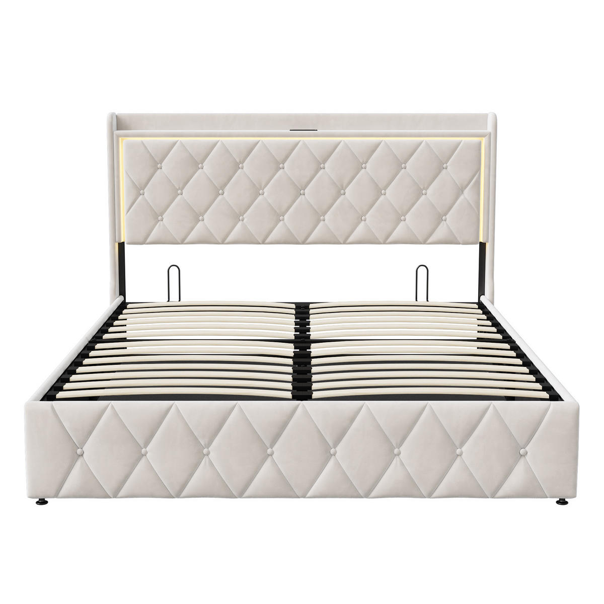 POLSTERBETT 160x200 cm, Doppelbett, hydraulischer Stauraum, LED & USB/Type-C, Flauschstoff in Beige - Beige, Holz (160/200cm) - BRILVERDE