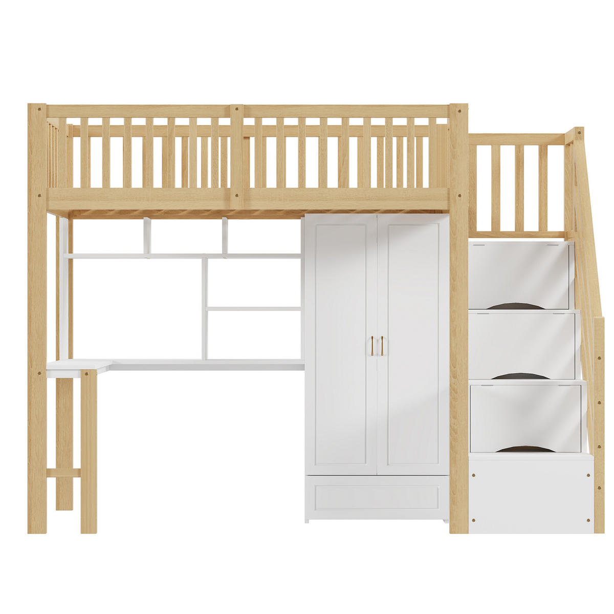 HOCHBETT 90/200 cm aus Kiefernholz, Sperrholz und MDF mit Kleiderschrank und Tisch - Naturfarben, Holz (90/200cm) - OKMYHOME