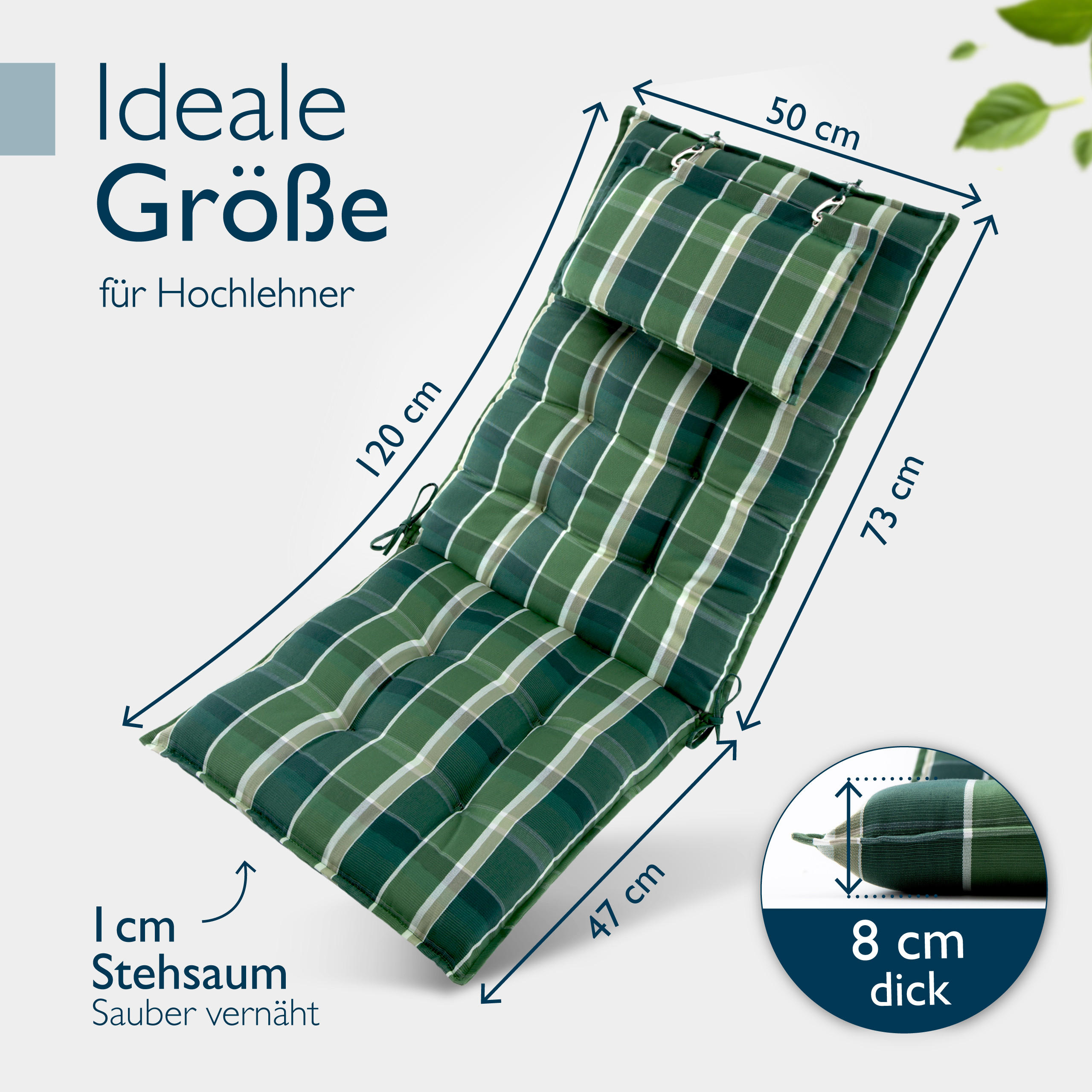 HOCHLEHNERAUFLAGE Sun-HL 119/50/8cm Grün-Kariert - Multicolor, Textil (50/8/119cm) - Beautissu 