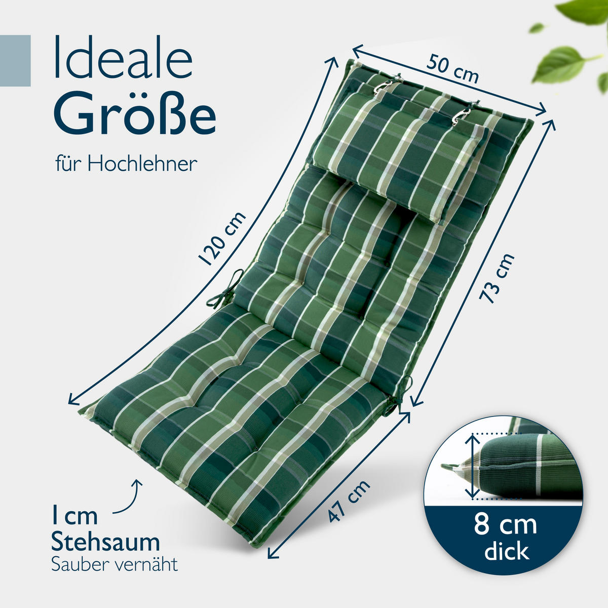 HOCHLEHNERAUFLAGE Sun-HL 119/50/8cm Grün-Kariert - Multicolor, Textil (50/8/119cm) - Beautissu 