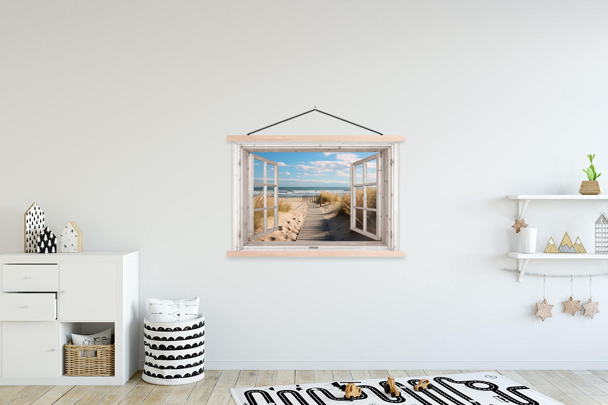 POSTER Fenster - Meer - Küste - Natur - Fensterblick - Strand - Wattenmeer 120x80 cm - Beige, Textil (120/80/0.15cm) - MuchoWow