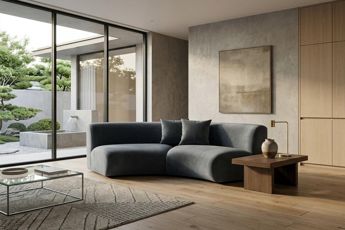 SOFA Round, Velvet-Stoff Bluvel, Aschgrau, GRETA - Grau, Holz (294/70/89cm) - Kaiser Möbel