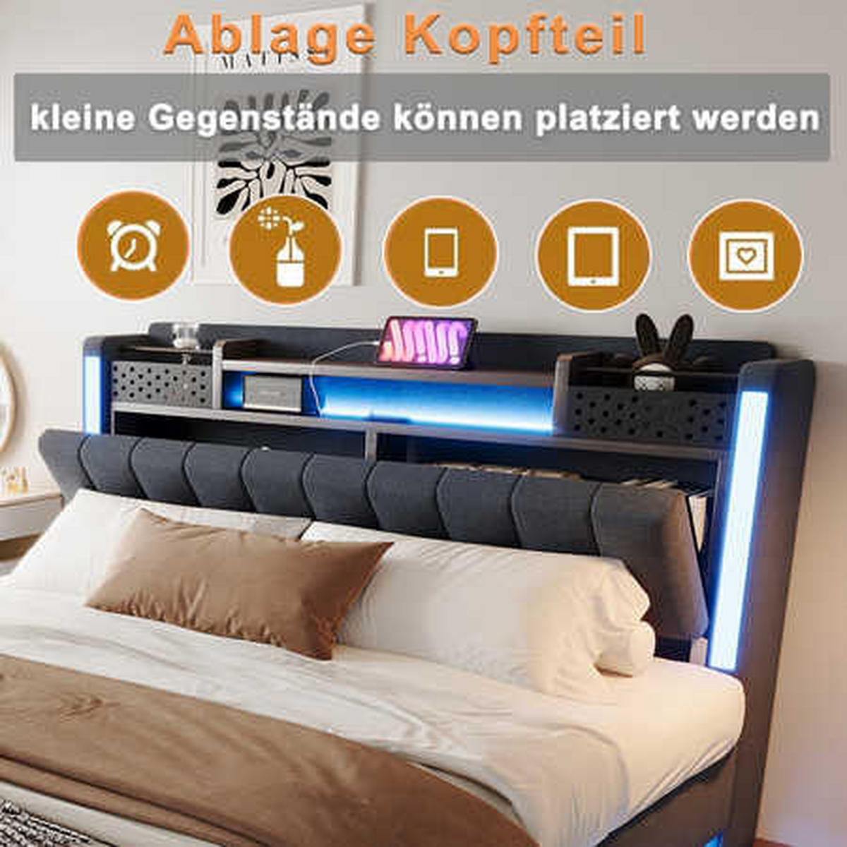POLSTERBETT 160x200 Grau Leinen LED Stauraum - Grau, Textil (160/200cm) - FLIEKS