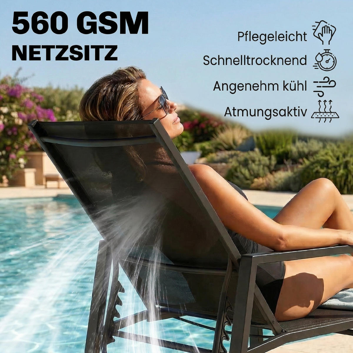 SONNENLIEGE Klappbar tragbar Gartenliege mit ausziehbarer Fußstütze 5-fach Verstellbar Rückenlehne Atmungsaktiv - Schwarz, Metall (185/55/63cm)