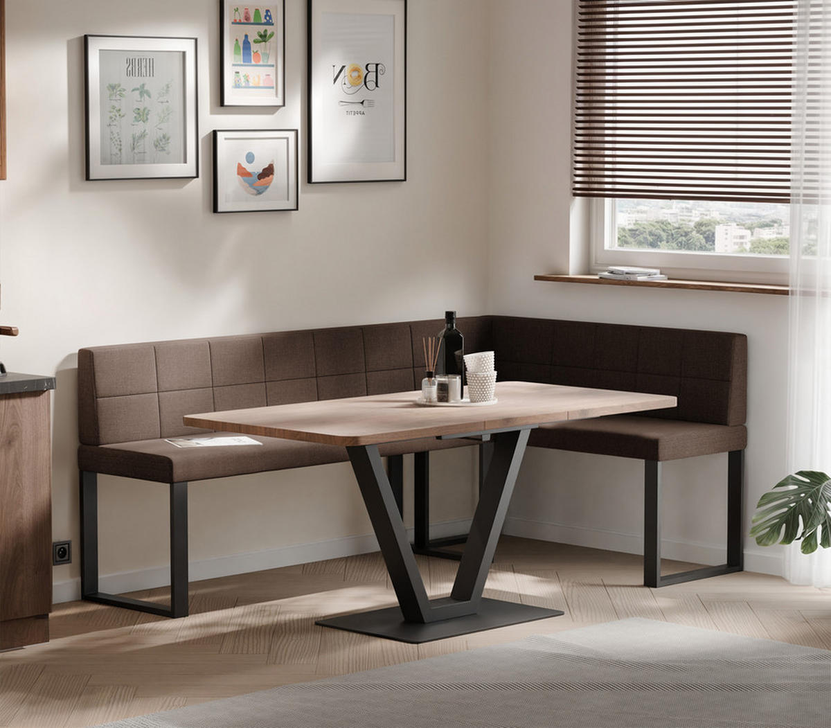 ECKBANK rechts SANA U Webstoff gesteppt, 142/196 cm Braun - Braun, Textil/Metall (142/196cm) - Idohome