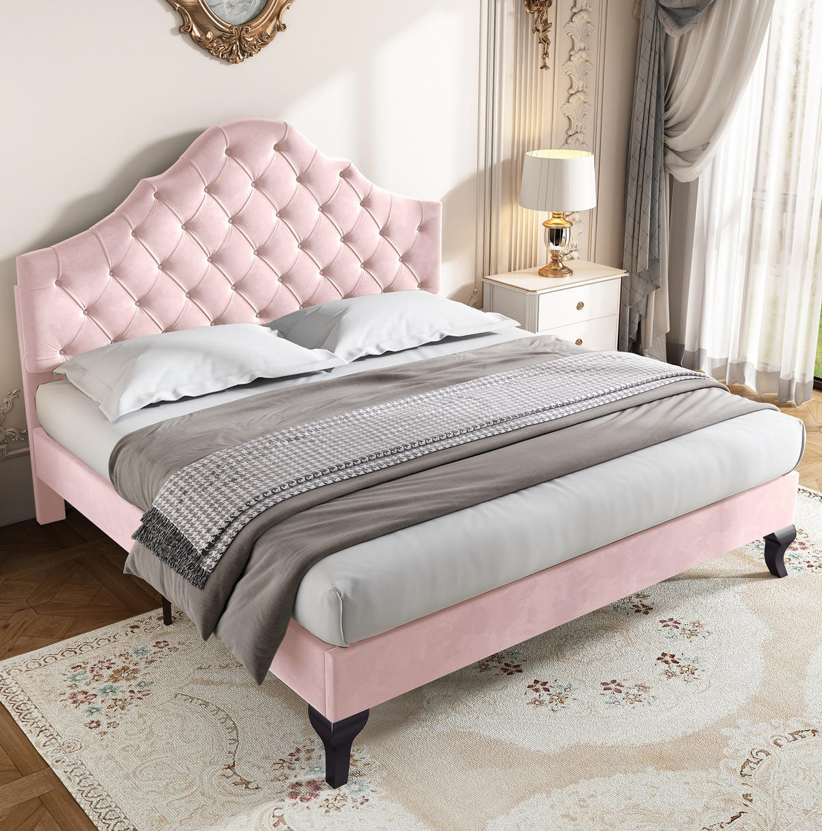 SAMT-POLSTERBETT 140/200 cm mit Lattenrost und verstellbarem Kopfteil - Rosa, Textil (140/200cm) - BEAOK