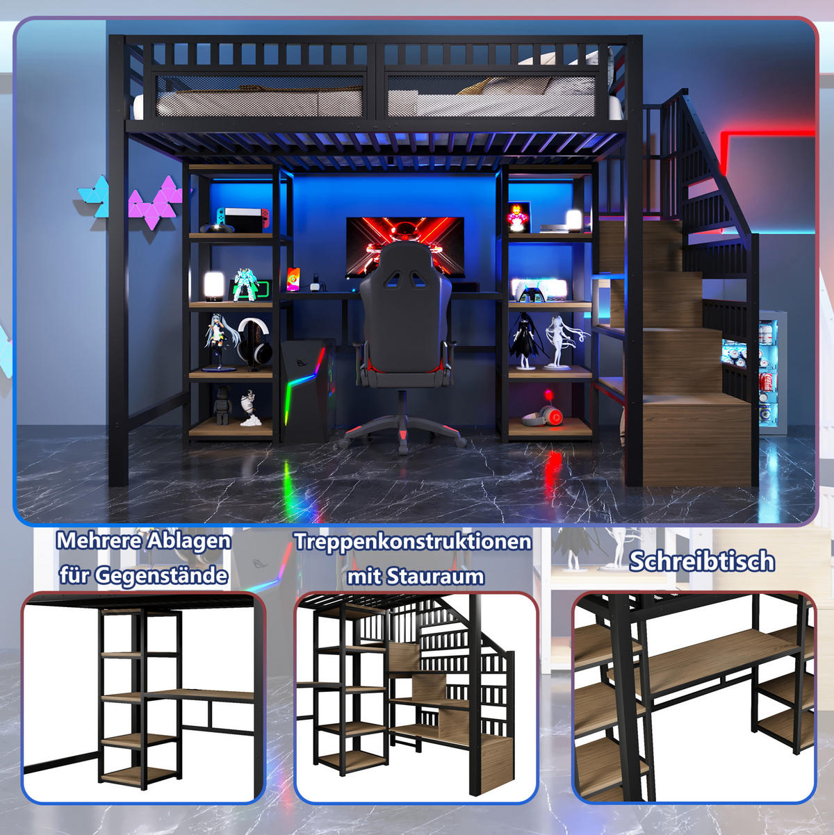 HOCHBETT 140/200 cm Schwarz aus Metall mit Schreibtisch - Schwarz, Metall (140/200cm) - OKMYHOME