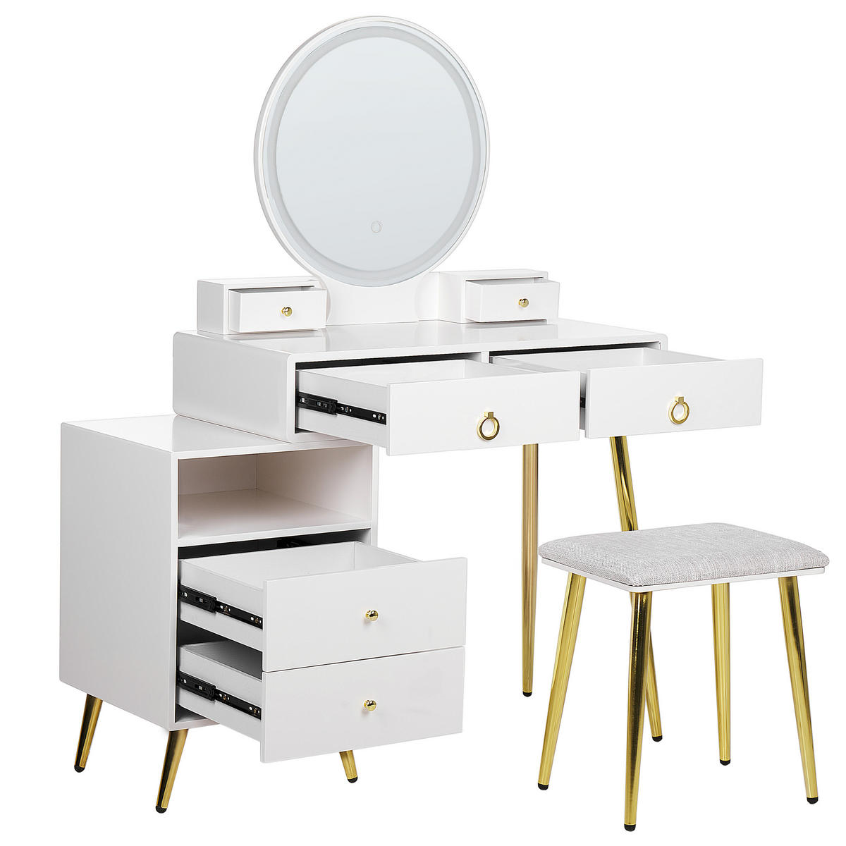 SCHMINKTISCH mit rundem LED-Spiegel Hocker 6 Schubladen weiß/gold Yves - Goldfarben/Weiß, Holzwerkstoff (98/133/38cm) - Beliani