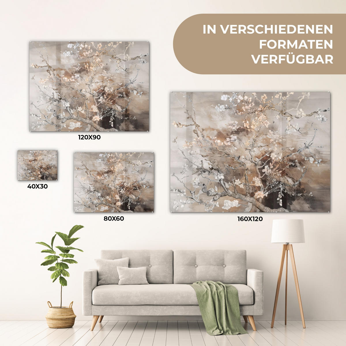 ACRYLGLASBILD Mandelblüte - Kunst - Van Gogh - Beige - Abstrakt 80x60 cm - Braun, Glas (80/60cm) - MuchoWow