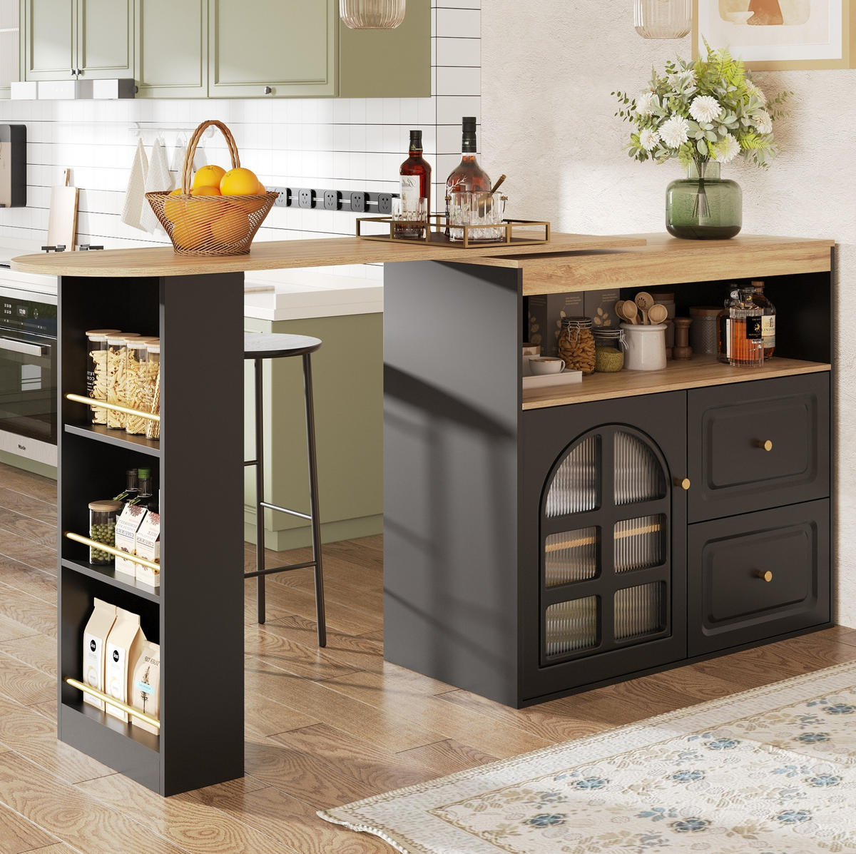 STEHTISCH 138-204x39x104cm Schwarz mit Snackregal & Drehfunktion - Schwarz, Holzwerkstoff (204/104/39cm) - Modfu