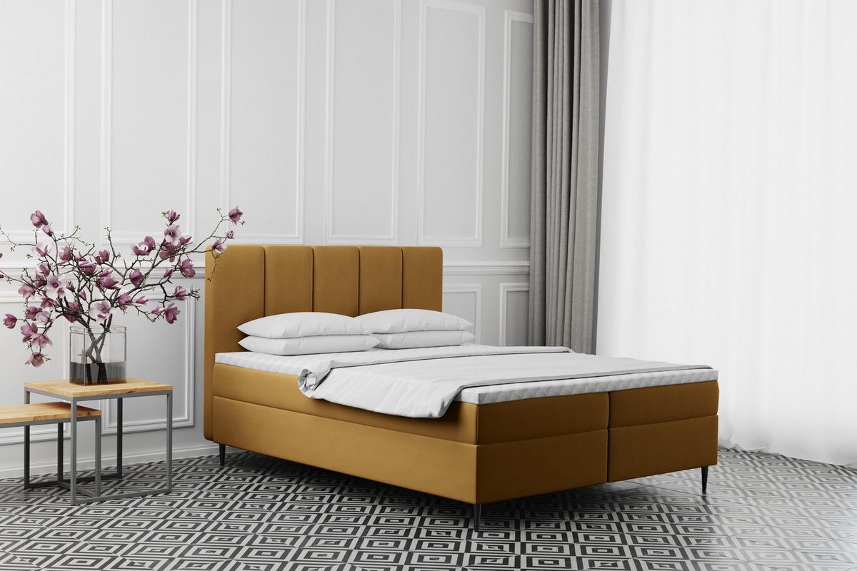 BOXBETT Mit Bettkasten Matratze ADEL Stoff Monolith Senffarbe 200x200 cm H2-Pocket - Gelb, Holz/Textil (200/200cm) - Kaiser Möbel