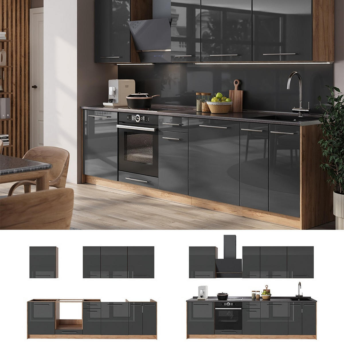 KÖK Fame-Line, Antracit högblank/Goldkraft ek, 280 cm, AP Antracit - Honungsek/Svart högglans, Träbaserade material (280/206.8/60cm) - Vicco