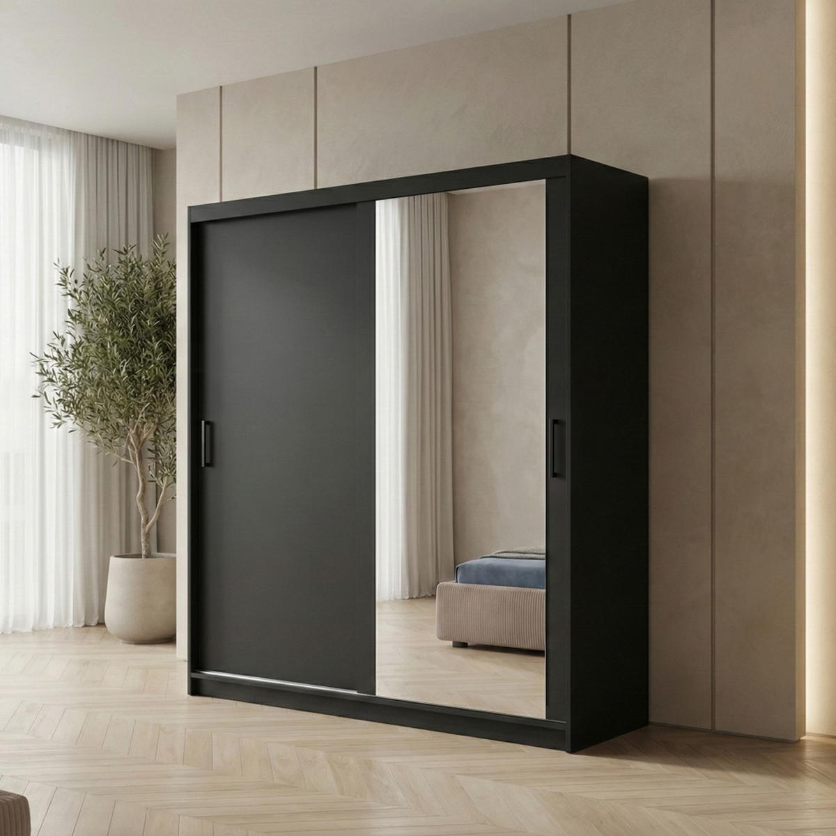 SCHWEBETÜRENSCHRANK Hela 180/205/60 2-türig schwarz mit Schubkasteneinsatze - Schwarz, Holzwerkstoff (180/205/60cm) - Beautysofa