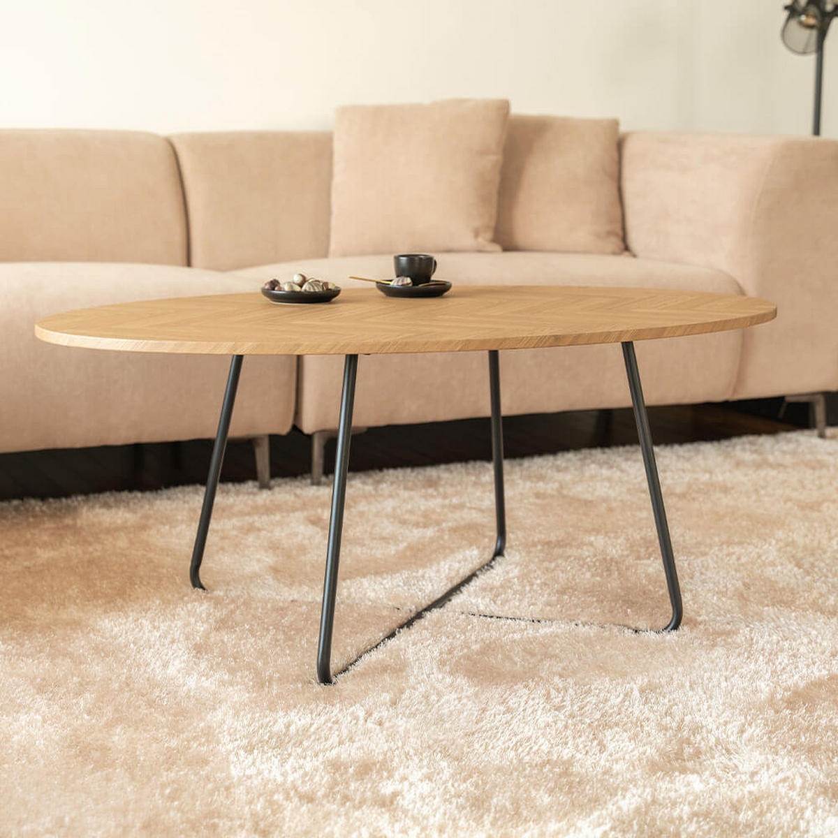 COUCHTISCH Oval NOVARIS - 110 x 66 cm Fishbone Oak - Braun, Holz (110/66/47cm) - Home Deluxe