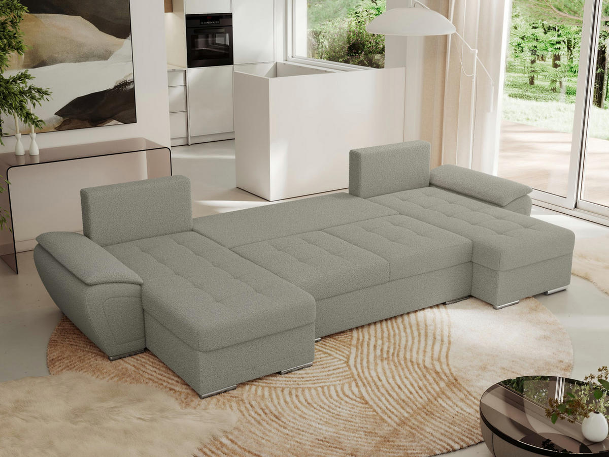 WOHNLANDSCHAFT UMBRIA U Hellgrau Boucle - Hellgrau/Grau, Textil/Metall (336/85/157cm) - MKS