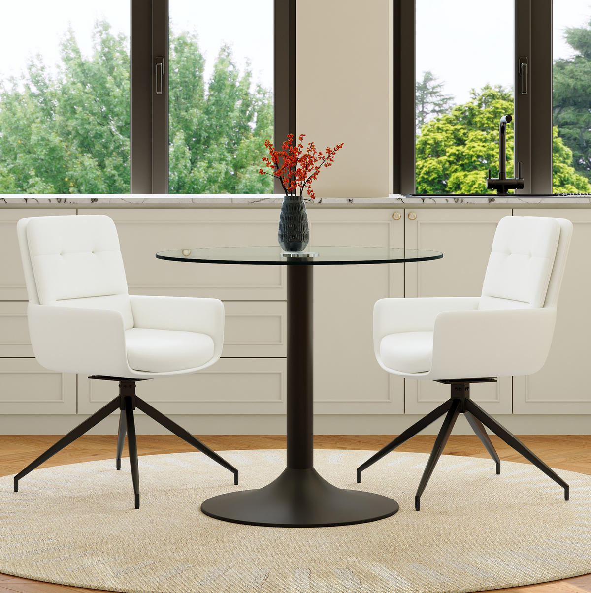 ESSZIMMERTISCH-SET mit 2 Stühlen 85 cm Glas Schwarz/Weiß - Schwarz, Metall (85/76/85cm) - Meubliv