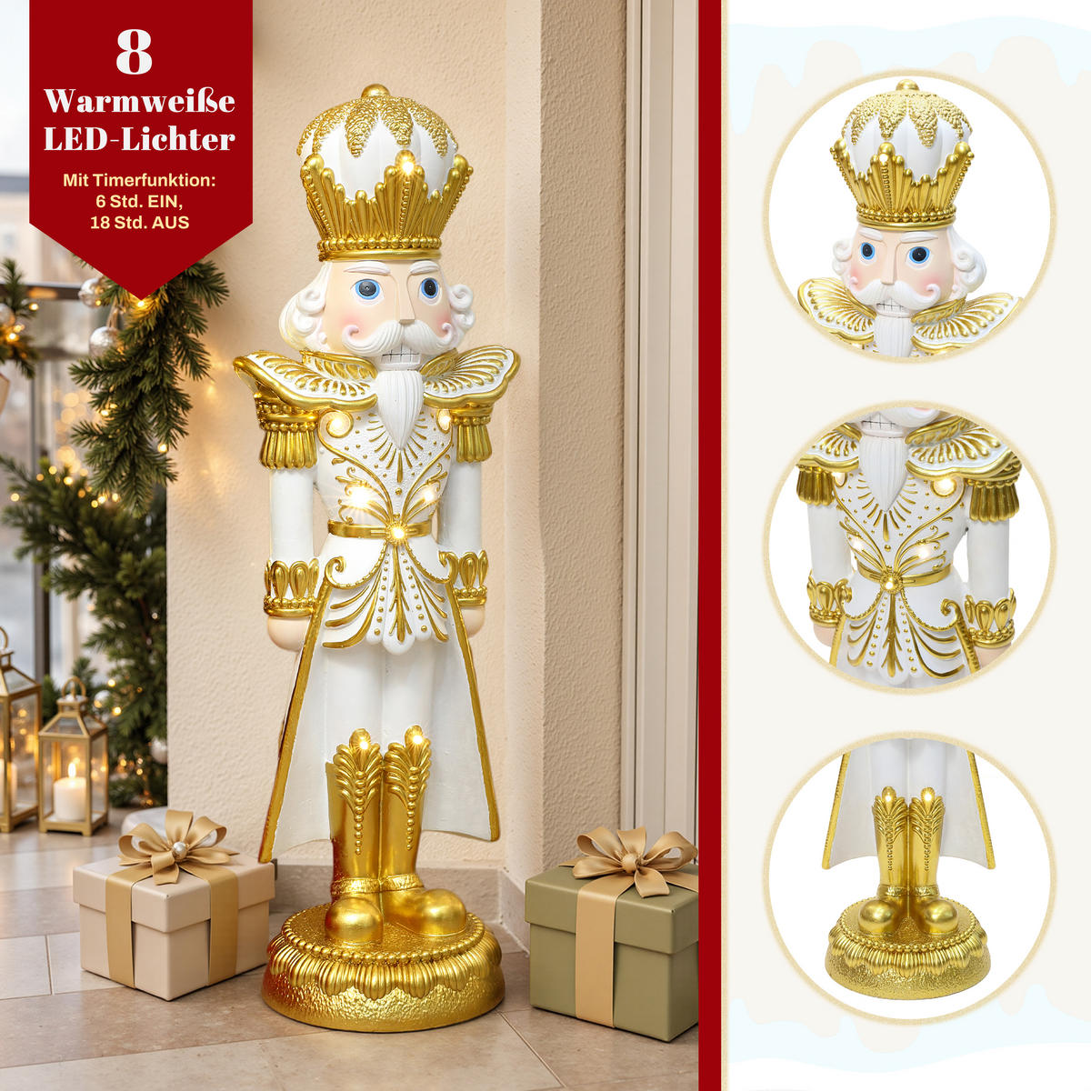 HOMETOPIA Nussknacker Figur 91 cm, Weihnachtsdeko mit 8 LEDs, Timer, MgO - Goldfarben, Naturmaterialien (25/91/29cm) - Hometopia