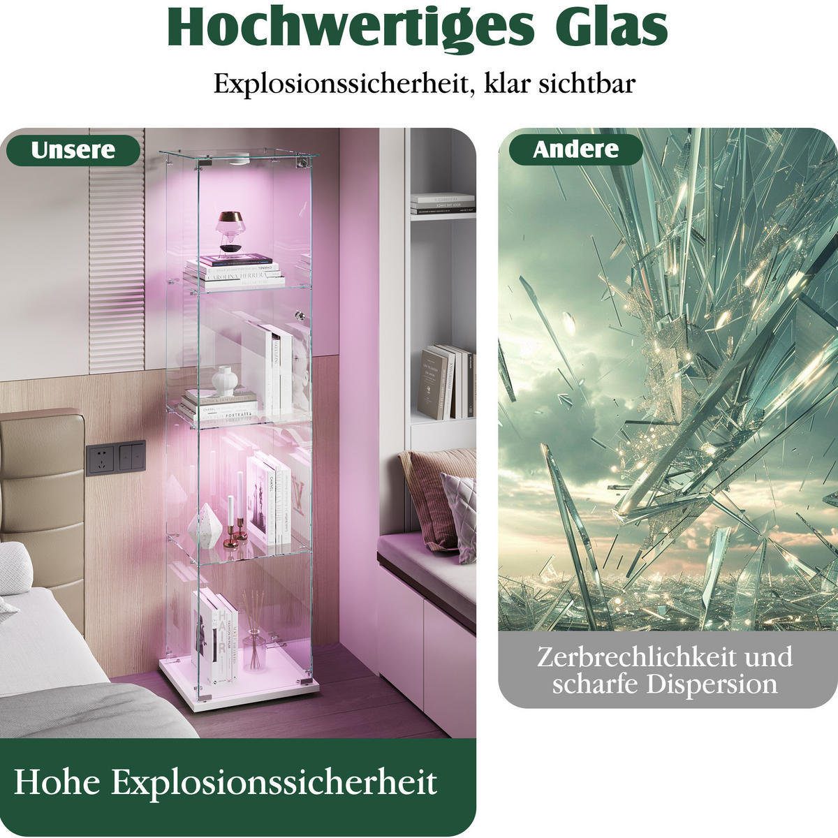 GLASVITRINE mit 4 Glasablagen, rahmenlose Doppeltüren mit Schloss, Touch-LED, in Weiß - Weiß, Glas (39.8/163/35cm) - BRILVERDE