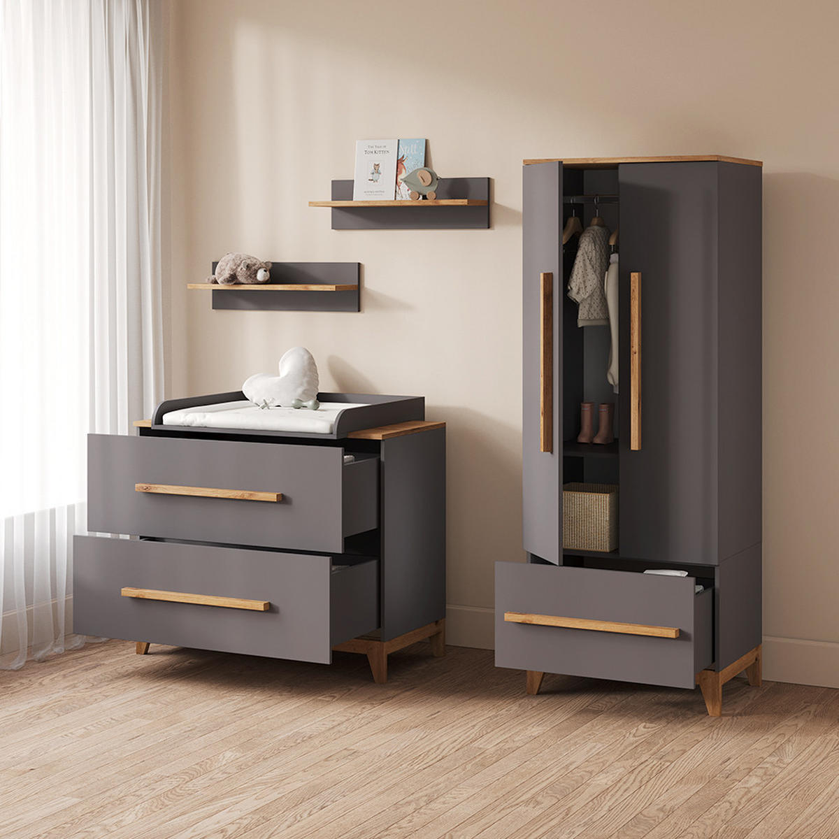 WICKELKOMMODE Mailo Grau/Artisan mit 2 Schubladen - Eiche Artisan/Grau, Holzwerkstoff (108/98/70cm) - Livinity®